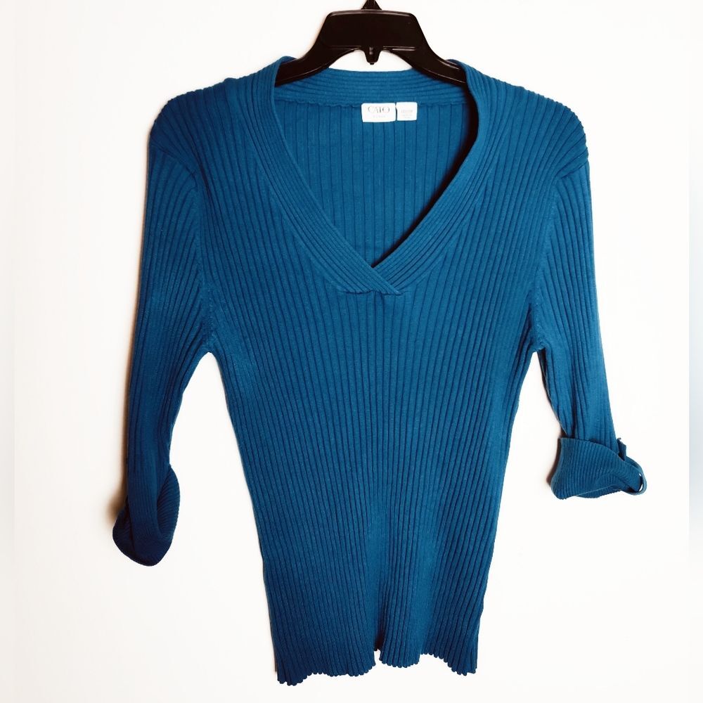 Cato Woman Teal Ribbed Knit Half Tab Sleeves Deep V-Neck Sweater, Sz 22/24W
